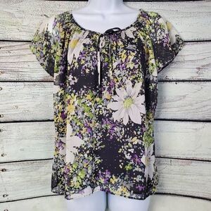 Christopher & Banks Women’s M Floral Peasant Blouse Sheer Cap Sleeve Black Multi